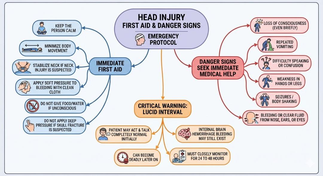 Head injury — first aid and danger signs. Immediate first aid: keep the person calm; minimise body movement; stabilise the neck if a neck injury is suspected; apply soft pressure to bleeding with a clean cloth; do not give food or water if unconscious; do not apply deep pressure if a skull fracture is suspected. Danger signs, seek immediate medical help: loss of consciousness even briefly; repeated vomiting; difficulty speaking or confusion; weakness in hands or legs; seizures or body shaking; bleeding or clear fluid from the nose, ears, or eyes. Critical warning, lucid interval: the patient may act and talk completely normally at first, but internal brain bleeding may still exist; it can become deadly later, so monitor closely for 24 to 48 hours.